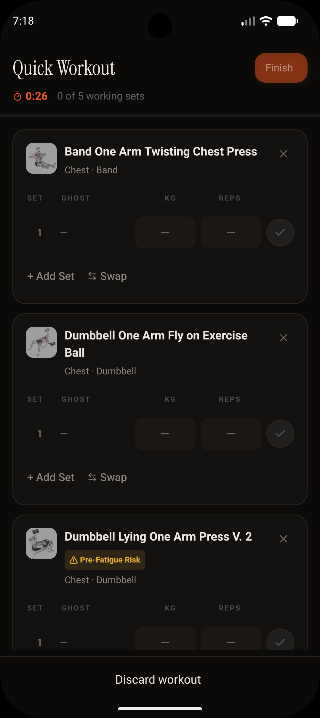 Setz Workout Flow Guard flagging a pre-fatigue risk on an exercise card
